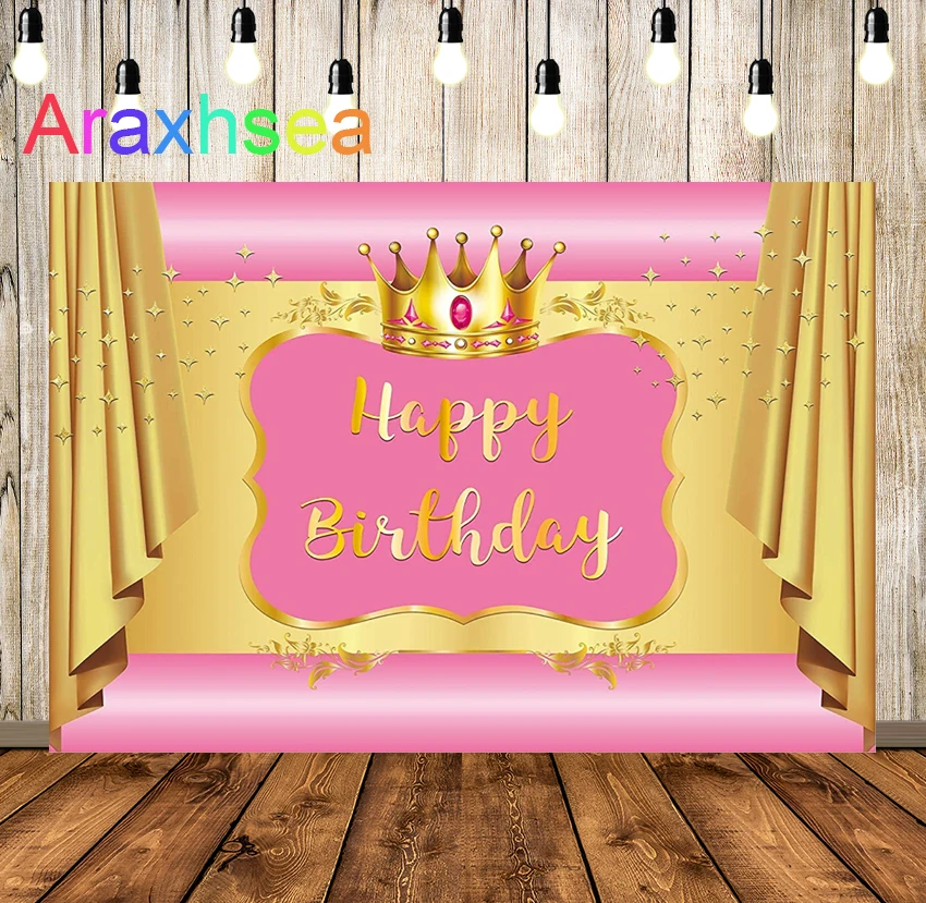 

A Little Princess Backdrop Happy Birthday Pink and Gold Crown Glitter Party Banner Baby Shower Girl Bday Decoration Supplies