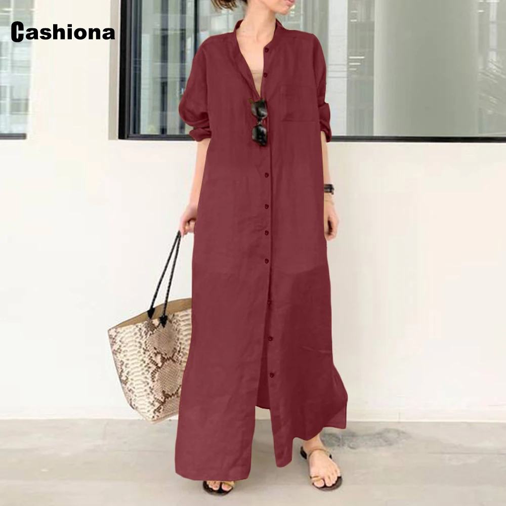 

Cashiona 2021 Women Elegant Long Maxi Dress Bohemian Party Dresses Long Sleeve Plus size 4xl Ladies Single Breasted Dress Femme