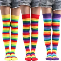 1 pair fashion rainbow striped socks over knee thigh leg sock sleeves cotton knitted warm long high stockings cosplay accessory