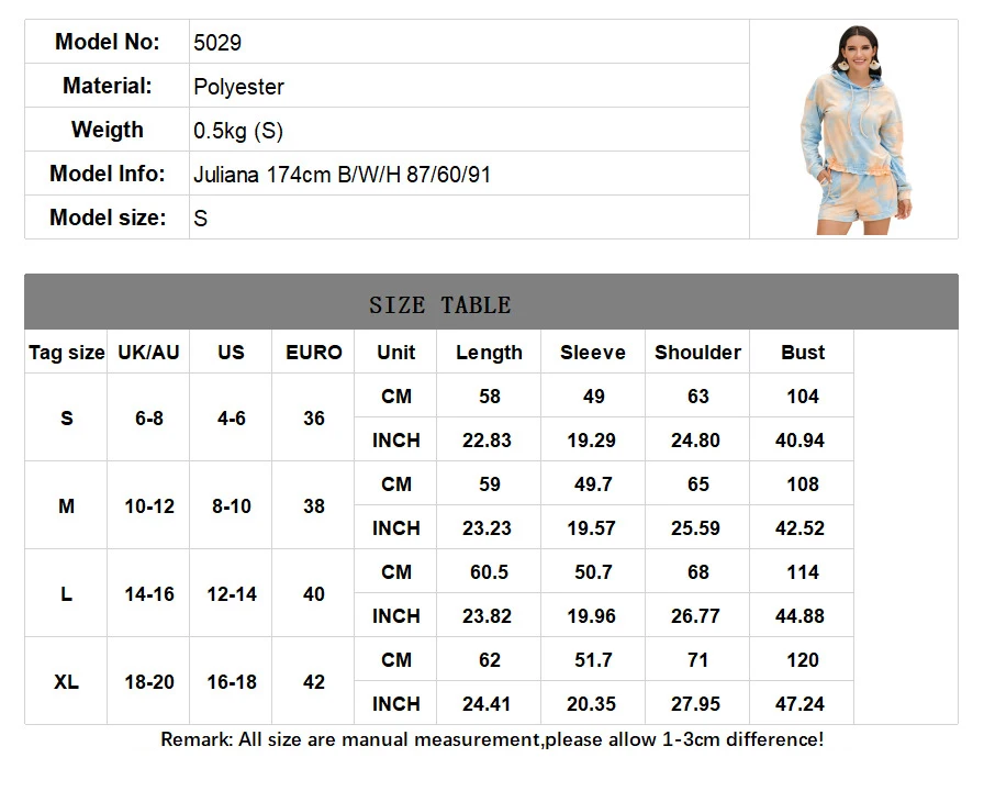 

2Pcs Women Tracksuits Tie Dyed Hooded Long-Sleeves Pullover + Elastic-Waist Shorts with Pockets for Ladies 2020