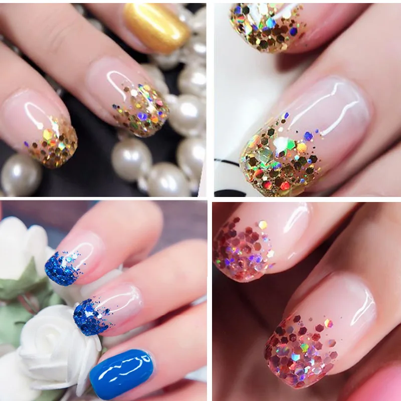 

Holographic nail glitter slices 12 pieces 1 box rose gold silver DIY mermaid scale dipping powder for acrylic nail tools