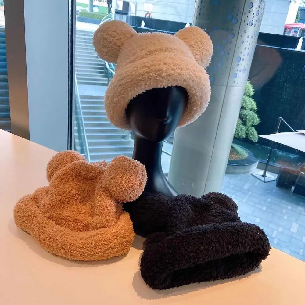 Autumn Winter New Ins Style Lovely And Interesting Warm, Windproof  Cold Resistant Bear Ears Plush Hat Basin Cap Woman Girl