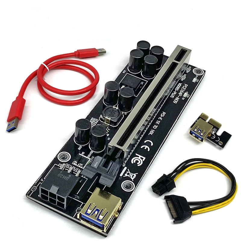 

6 шт., Райзер-карта VER009S Plus PCI-E, 009S PCIE X1 до X16, 6 контактов, мощность 60 см, кабель USB 3,0 для майнинга графической карты, графического процессора