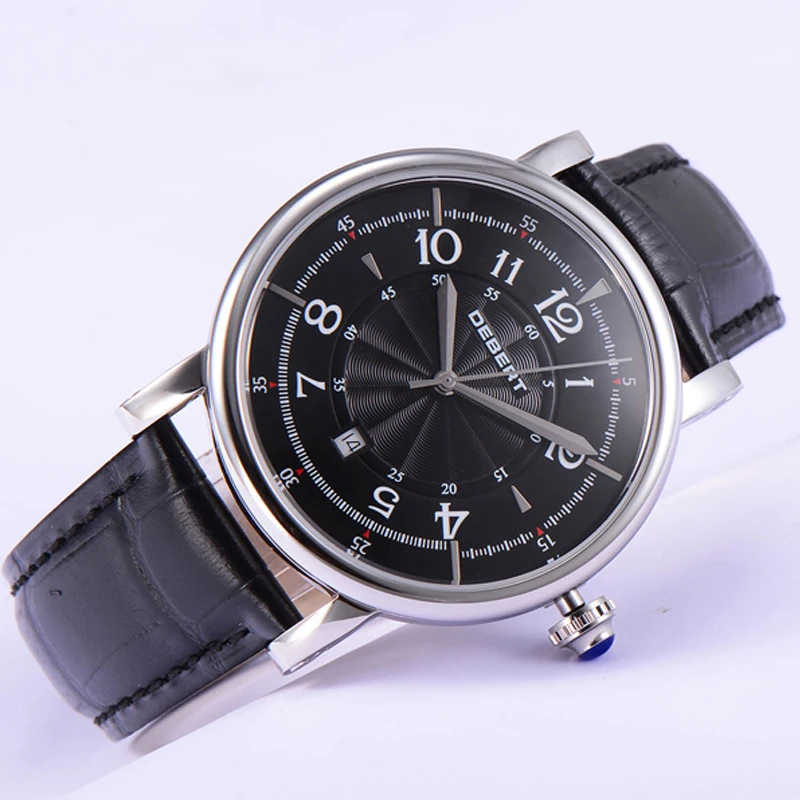Модные роскошные кожаные механические часы с черным циферблатом и