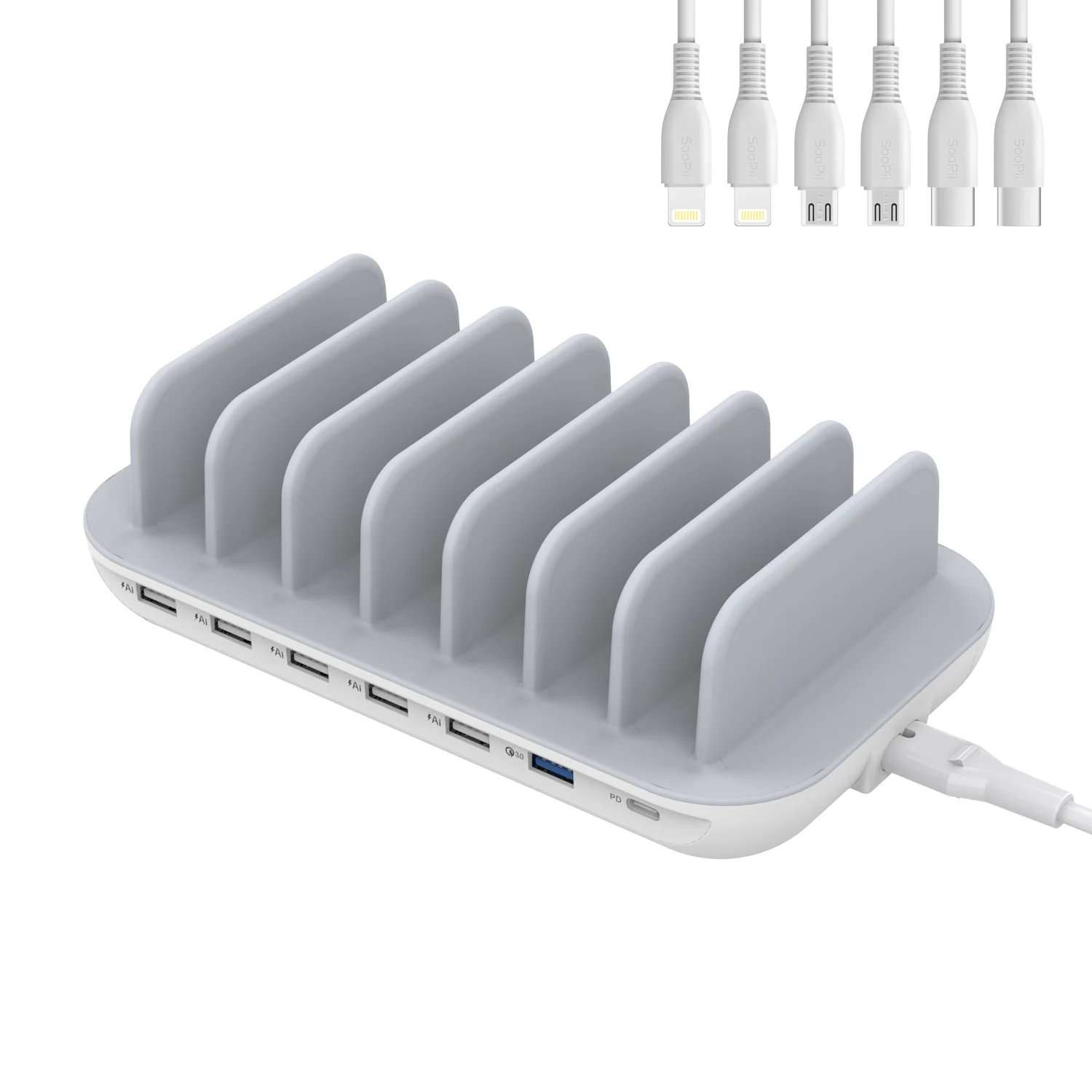 SooPii 60 Вт 7-портовая usb зарядная станция для нескольких устройств, быстрая зарядка с QC 3,0 и поставка питания 3,0 7 кабелей в комплекте