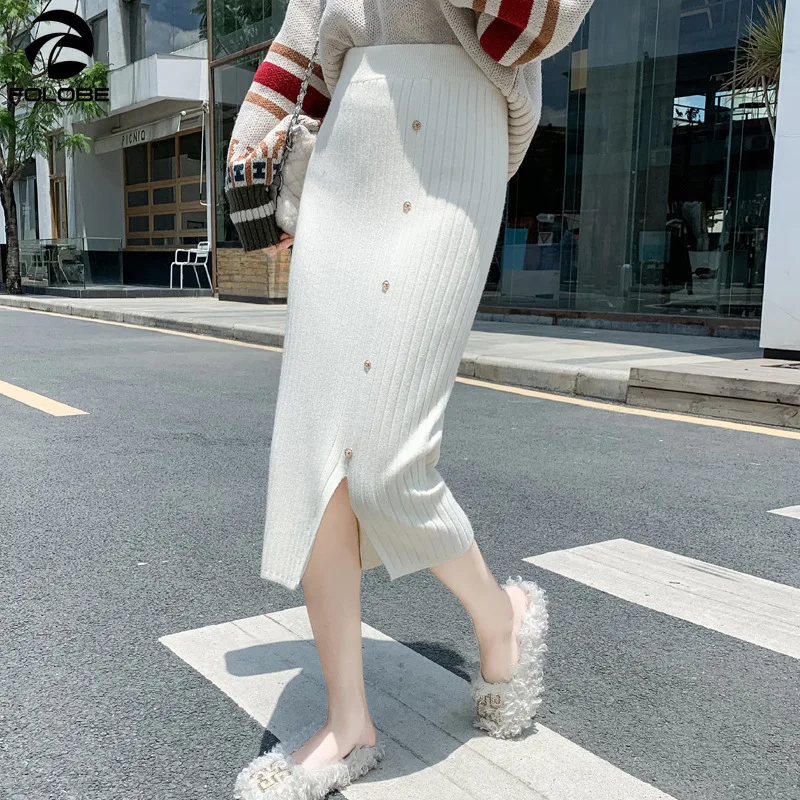 FOLOBE 2021 элегантная женская трикотажная юбка с высокой талией на пуговицах Мягкая