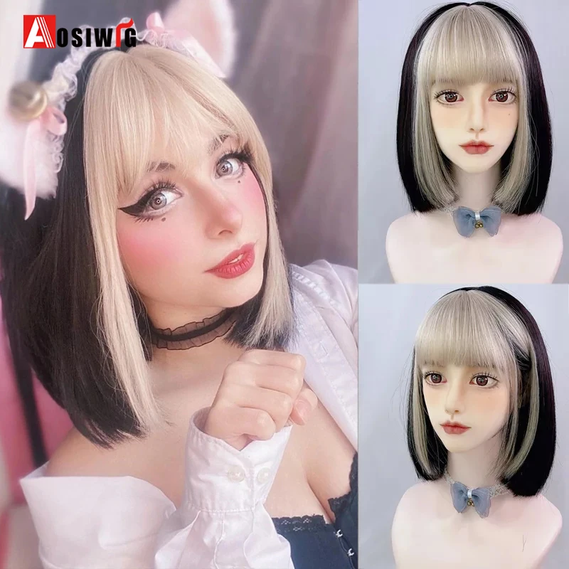 

Aosiwig Short Straight Bob Synthetic Lolita Wigs with Bangs Ombre Blonde Purple Black Cosplay Halloween Wig for Women Female