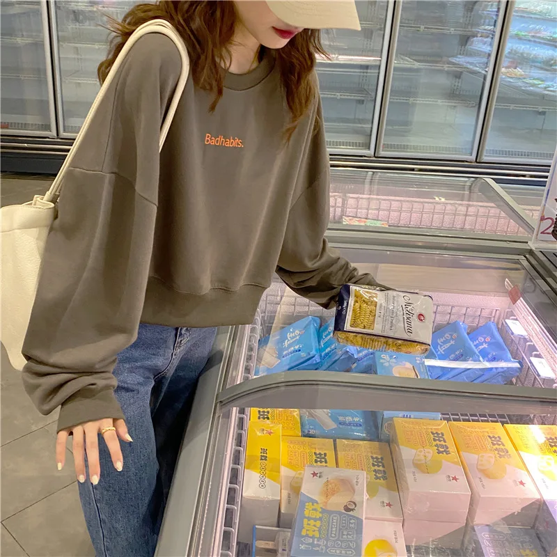 

2021 Women's wear/new Korean style loose letter-short sweatshirt/women's long-sleeved high-waisted thin crew-neck hoodie