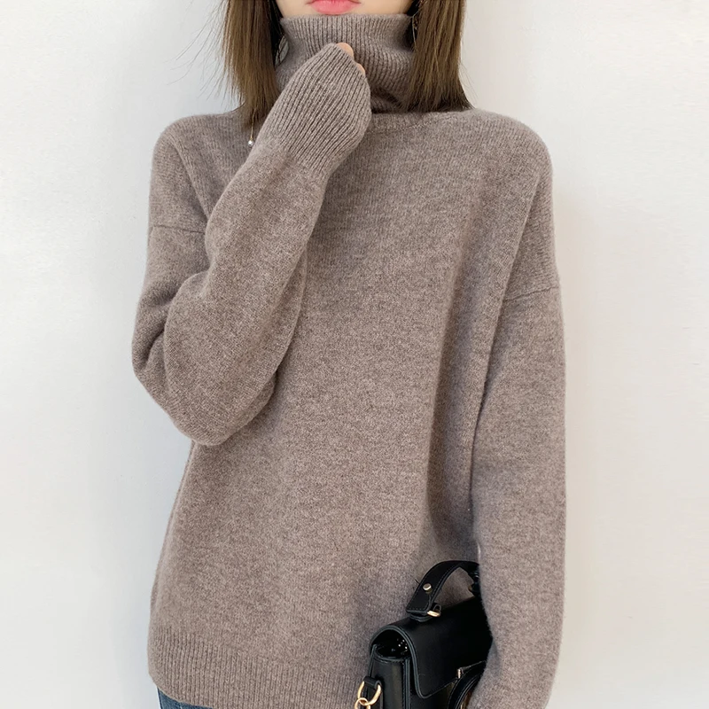 

2020 new style cashmere sweater women's high neck pure color 100% pure wool pullover loose large size knitted bottoming shirt