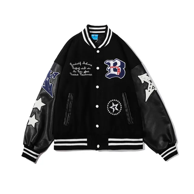 

Hip Hop Baseball Jacket Coat Men Letter B Embroidery Leather Sleeve Varsity Bomber Biker Punk Vintage Fashion College Jacket