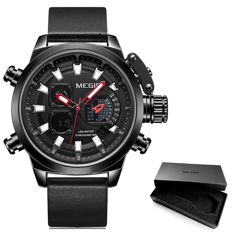 ML2090G-Black Мужские спортивные кварцевые часы MEGIR с кожаным ремешком, светящиеся армейские наручные часы с хронографом, новинка, часы от ведущего бренда Relogios 2090, черный цвет - Цвет: ML2090G-Black