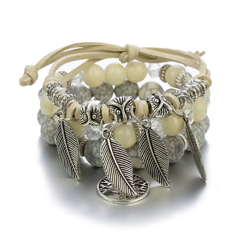 

3pcs/set Bohemia Opal Crystal Owl Beaded Multilayer Chain Bracelets For Women Vintage Metal Leaves Charm Bracelet Jewelry femme
