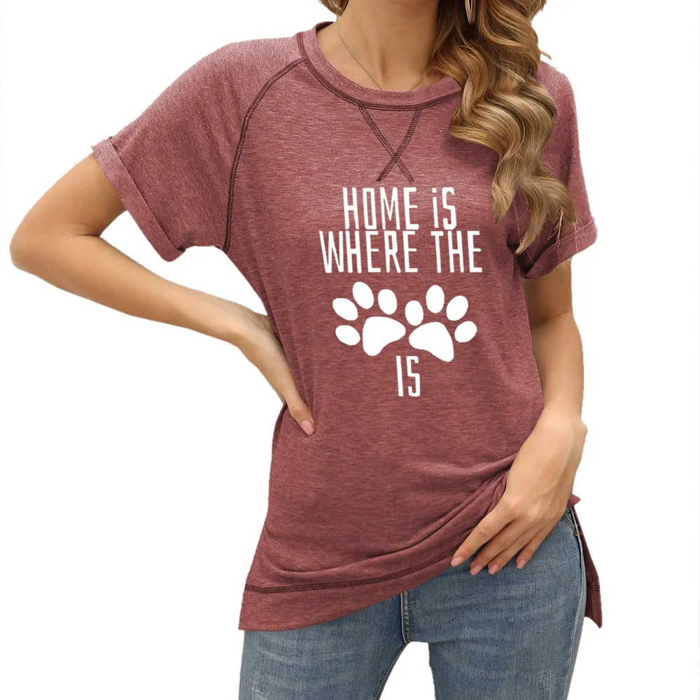 

New Arrival Loose Tops T-shirt HOME IS WHERE THE Letters Dog Paw Print T-Shirt For Women Harajuku Summer Women's Short Sleeves