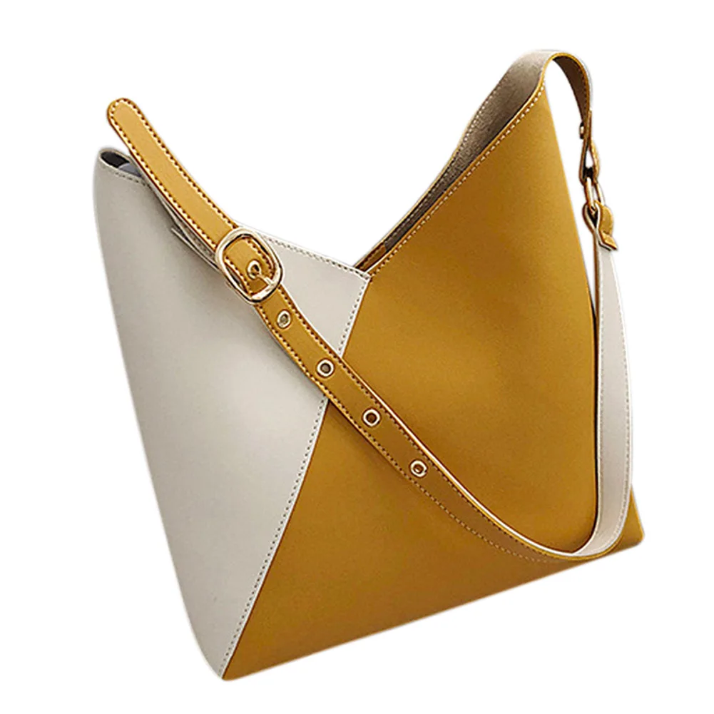 

Women Splicing PU Leather Bucket Bag Summer Shoulder Bag Travel Office Handbag New