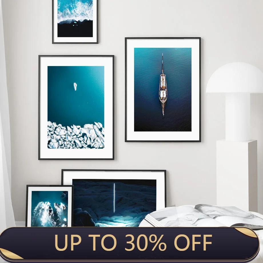 Фон с изображением побережья голубого моря волны Исландия Лодка на стену арт