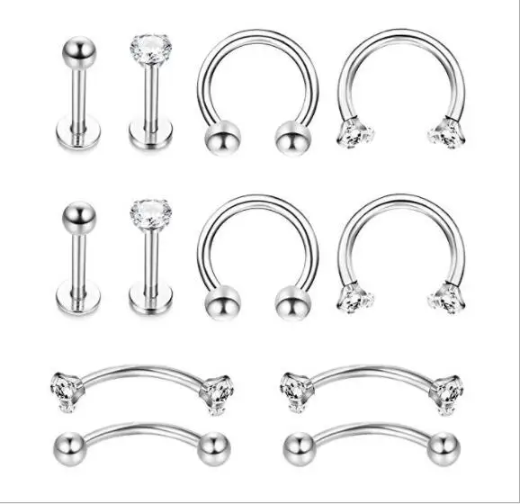 12 шт. кольцо для носа из нержавеющей стали белый кристалл панк пирсинг бровей