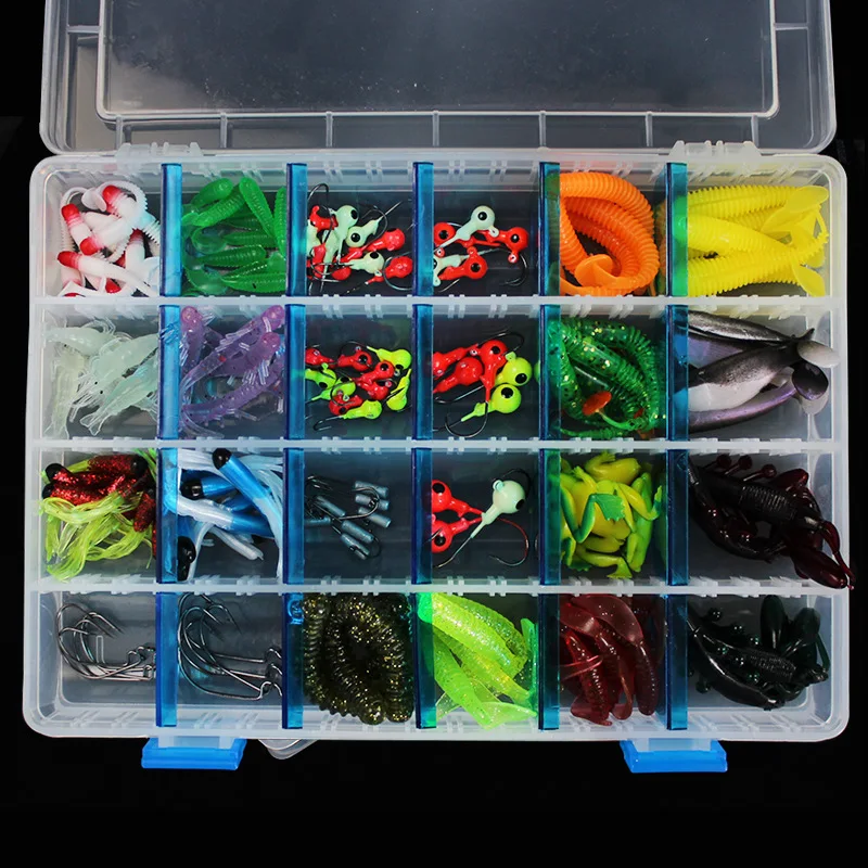 

146Pcs Soft Fishing Lure Set Lead Jig Head Hook Kit Grub Worm Soft Fishing Baits Shads Silicone Fishing Tackle Box Lure Set
