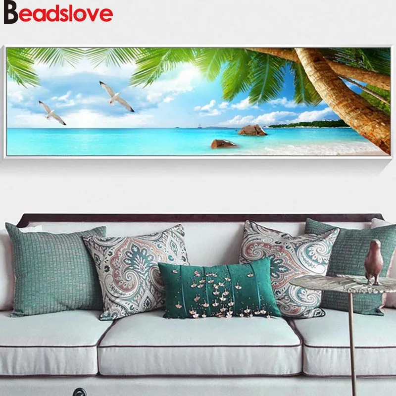 

Large Full Square round diamond Painting Sea Sky Landscape Palm Tree diamond embroidery diamond mosaic Picture of Rhinestone