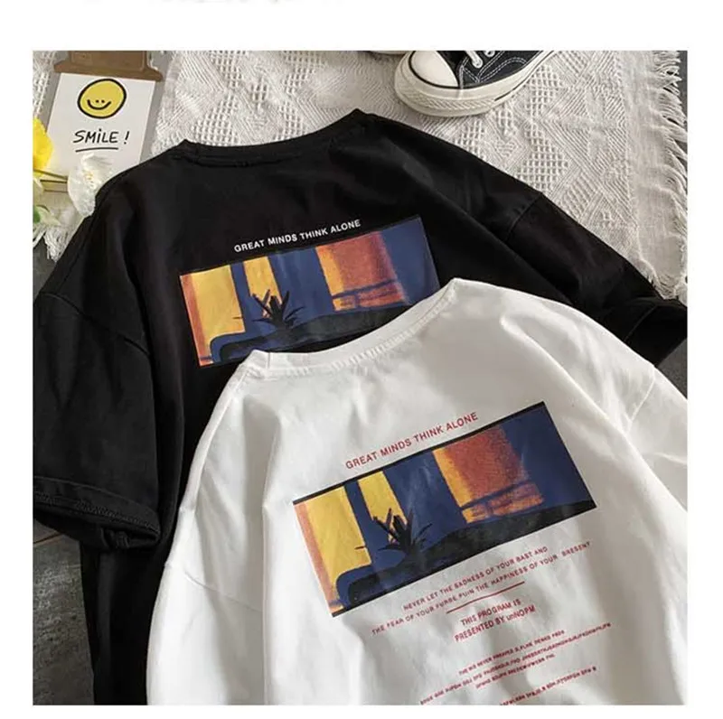 

Qooth Office Lady All Match O-neck Short Sleeve T-shirt Summer Solid Loose Causal Sunset Letter Printed Shirt Trendy Tops QT750