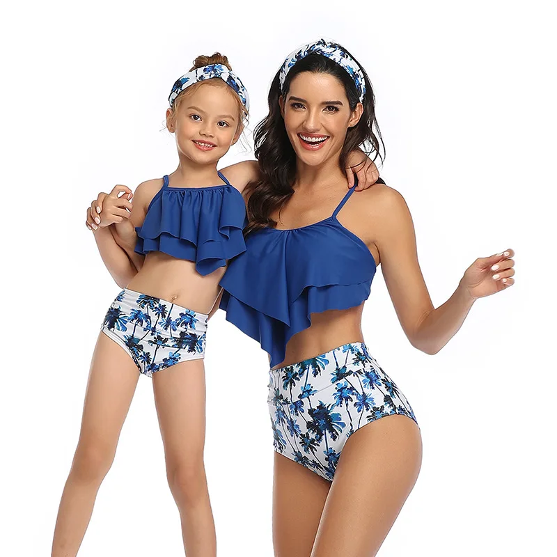 

Bikini Swimsuit High Wasit 2piece Set Plus Size Parent-Child Swimwear Girls Summer Flower Print Tassel Swimswear Clothing Set