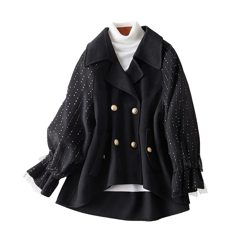 

Women's Korean-Style Lace Sleeves Double-Sided Cashmere Jacket Wool Jacket Mid-Length Double-Faced Woolen jackets