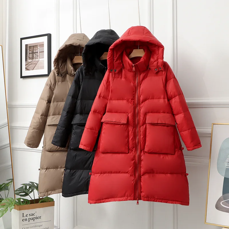 

Женская длинная куртка на 2022 утином пуху, теплая Повседневная Толстая Свободная куртка с капюшоном, Элегантная модная верхняя одежда, новин...