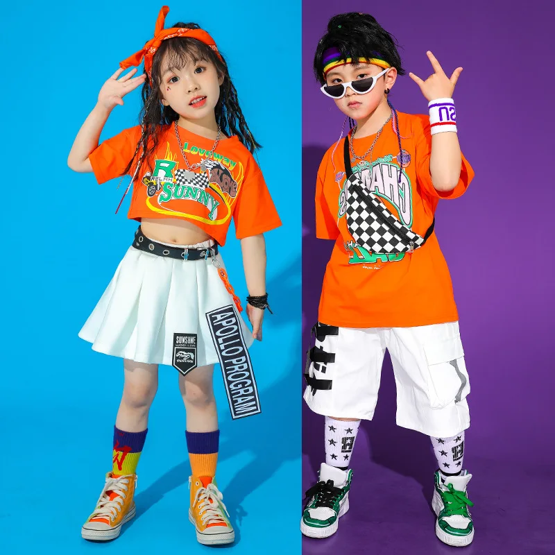 Girls Hip Hop Crop T Shirt Boys Loose Cargo Shorts Kid Skirt Summer Print Cool Tee Street Dance Clothes Teen Jazz Child Costumes | Детская