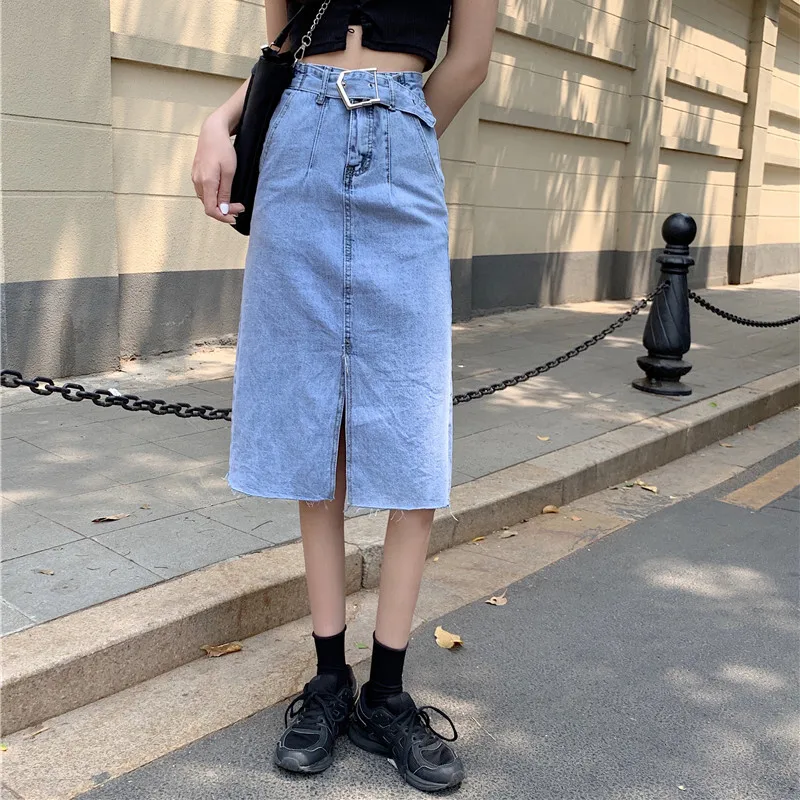 

HziriP Summer New Chic Fashion All-Match High-Waist Slit Ladies Hot 2021 Thin Solid Color Casual Half-Length Denim A-Line Skirt