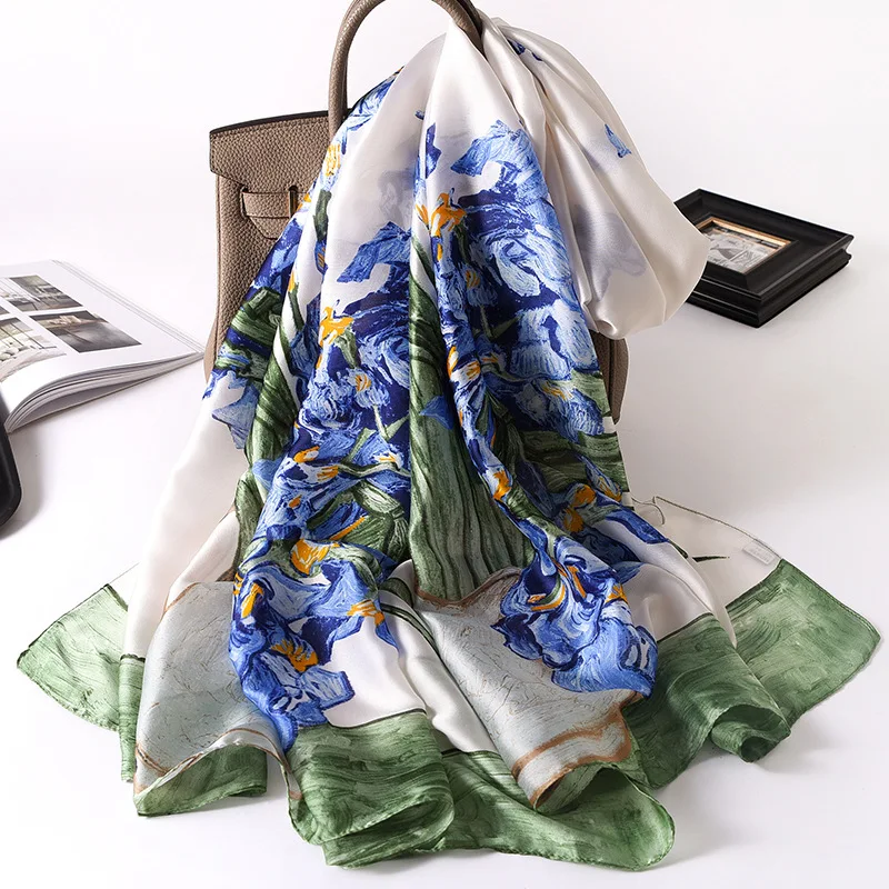 

100% Natural Silk Scarf Women Spain Luxury Brand Digital Print Penoy Flowers Silk Pashmina Shawl Female Bandana FoulardCaps 2020