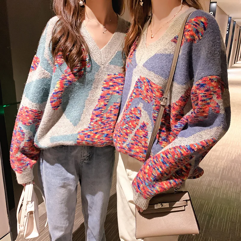 Фото Винтажный Камуфляжный вязаный свитер для женщин 2019 осенне-зимний пуловер