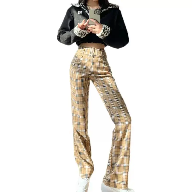 

Spring and Summer New Women's High Waist Slim Plaid Micro Flared Pants