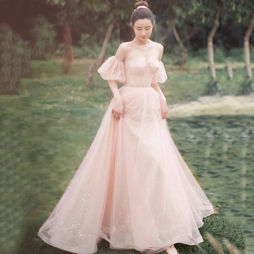 

UZN Pink A Line Glitter Prom Dress Sweetheart Lace Up Prom Gown Detachable Puff Sleeves Evening Dress Vestido De Noche