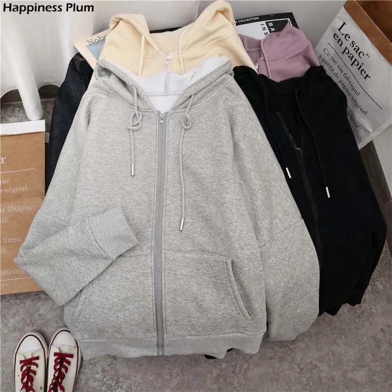 

Winter Sweatshirt WomenMovement White Tops Hooded Velvet Thick Zip Up Hoodie Casual Oversized Black Gray Clothes