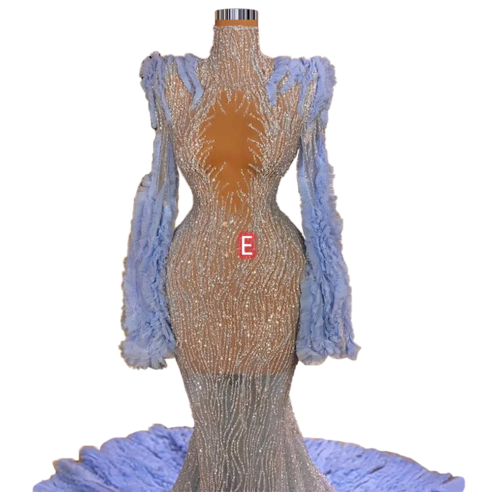 

Sexy Open Bust Luxury Saudi Arabia Dress Evening Long High Neck Mermaid robe longue Long Sleeves vestido de noche largo