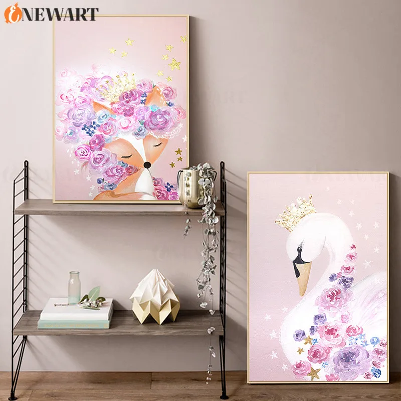 Pink Wall Painting for Nursery Nodic Decor Cartoon Fox Swan Prints Poster Kids Room Decoration Decorative Art Picture | Дом и сад