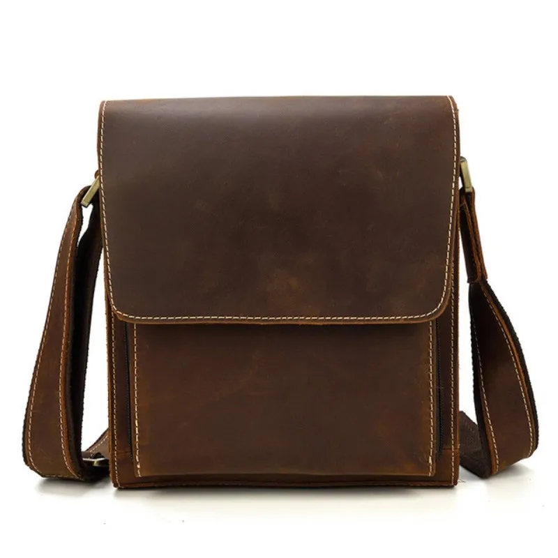

New Genuine Leather Vintage Mens Crossbody Bags Casual Zipper Retro Messenger Leather Bag High Quality Men's Shoulder Bag