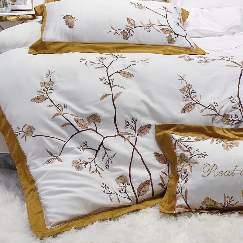 

New 4Pcs Egyptian cotton bedding set queen king size bed set embroidery duvet cover bed sheet set pillowcase leaves for gift