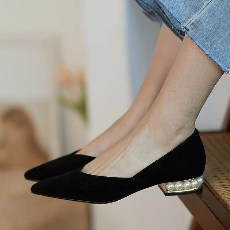 

Женские туфли-лодочки из искусственной замши, на низком каблуке, без застежки, с острым носком, осень 2021