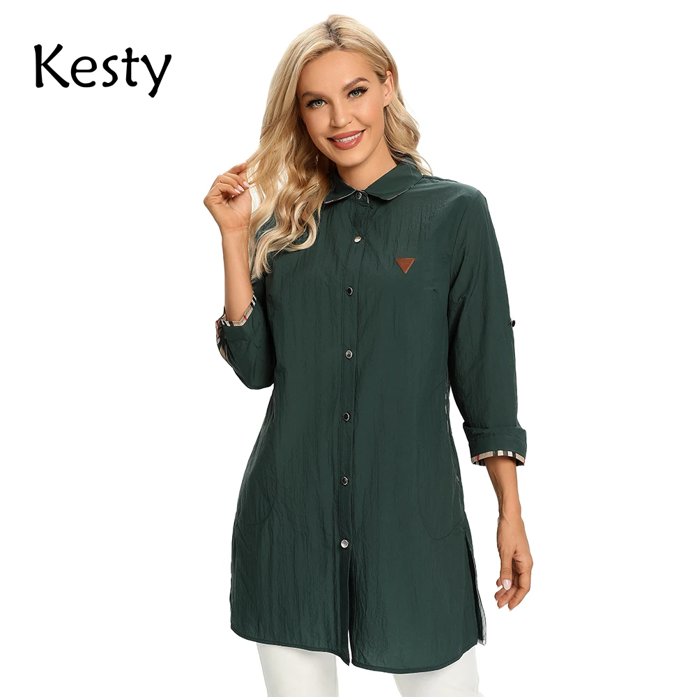 

KESTY Women's Plus Size Windbreaker Mid-Length Lapel Shirt Spring And Autumn Loose Buttoned Windbreaker