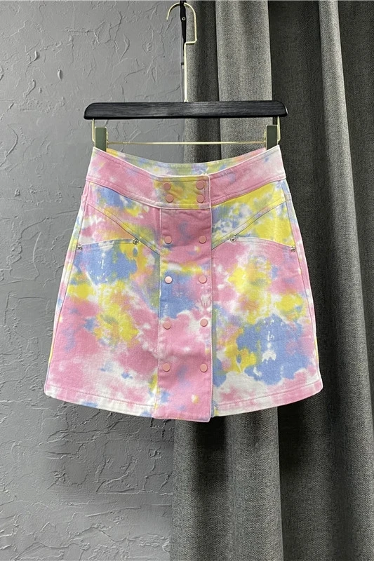 

2021 New Summer Jeans Skirt for Women High Waist Double Breasted Tie-dye Skirts Women's Gradient Pink Denim Mini Skirt Students