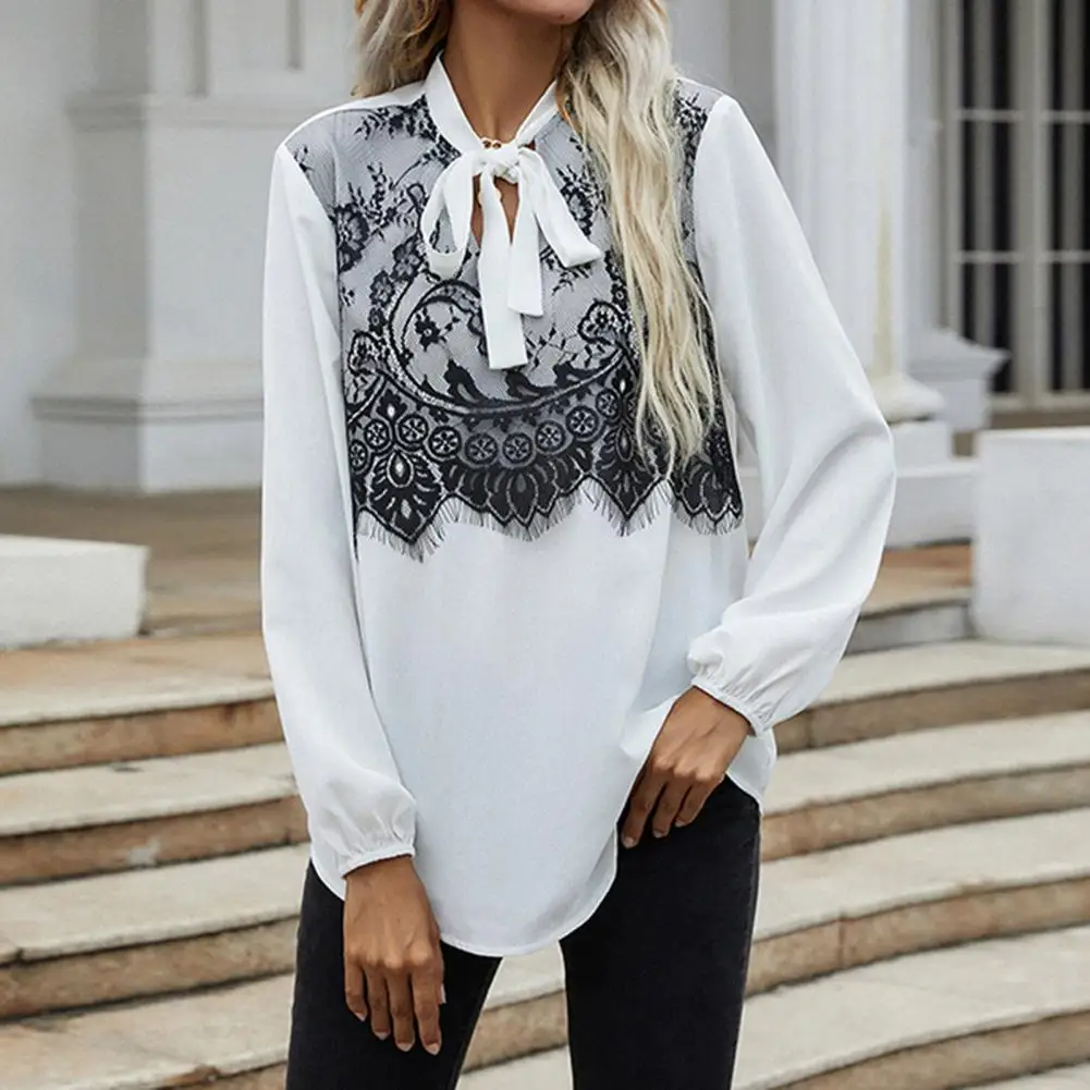 

Женская кружевная рубашка с длинным рукавом, Элегантная черная элегантная рубашка-поло с буффами и бантом на шнуровке, уличная одежда на ос...