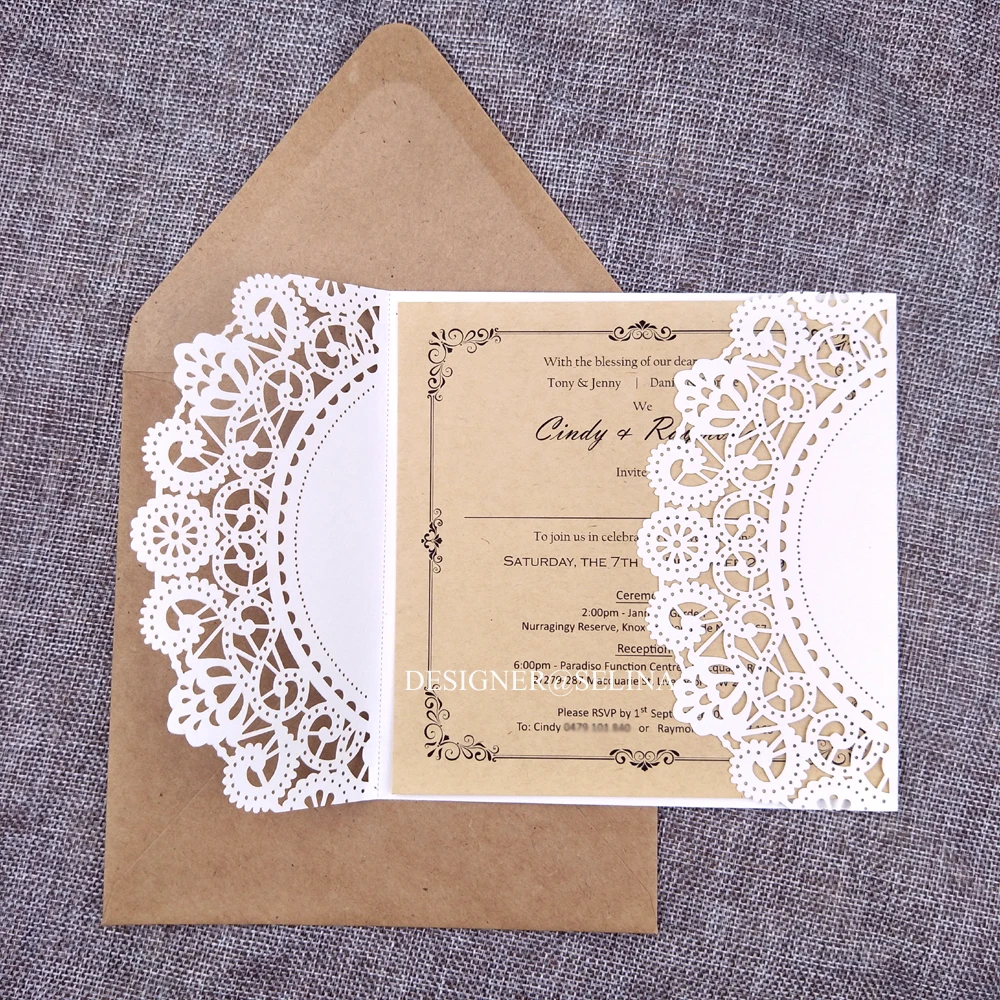 50 шт. крем лазерная резка свадебные Приглашения с конверт крафт версия для печати
