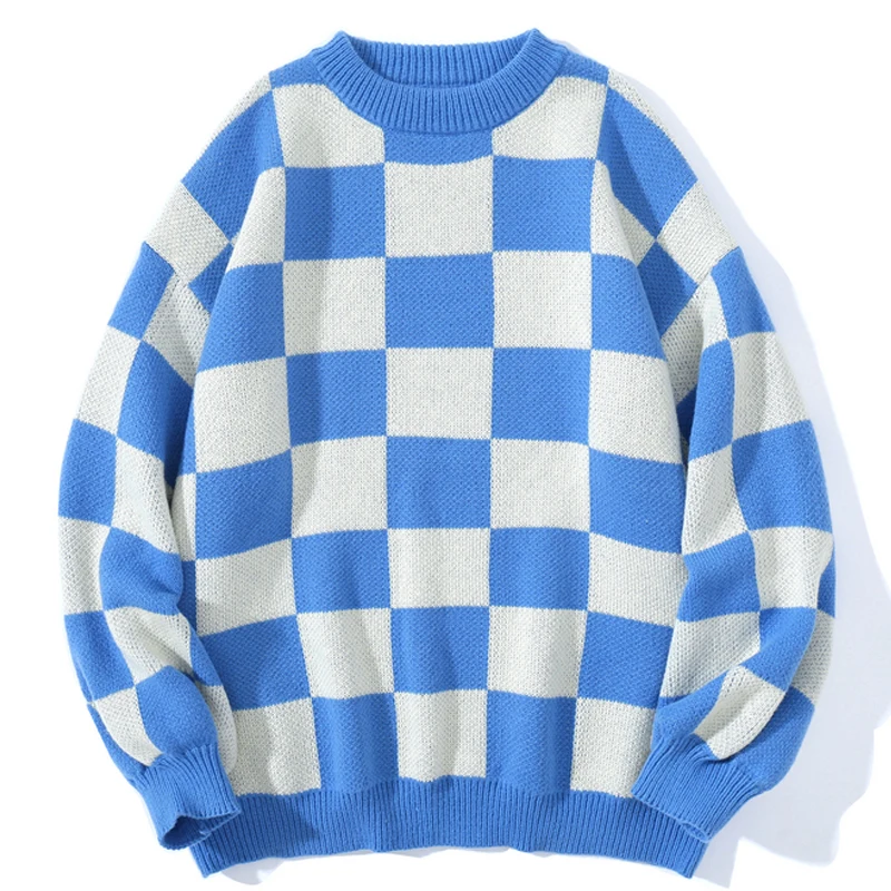 

Мужские Винтажные Синие Клетчатые вязаные свитера, зимний унисекс, в стиле хип-хоп, парная вязаная одежда оверсайз, женский шерстяной свите...
