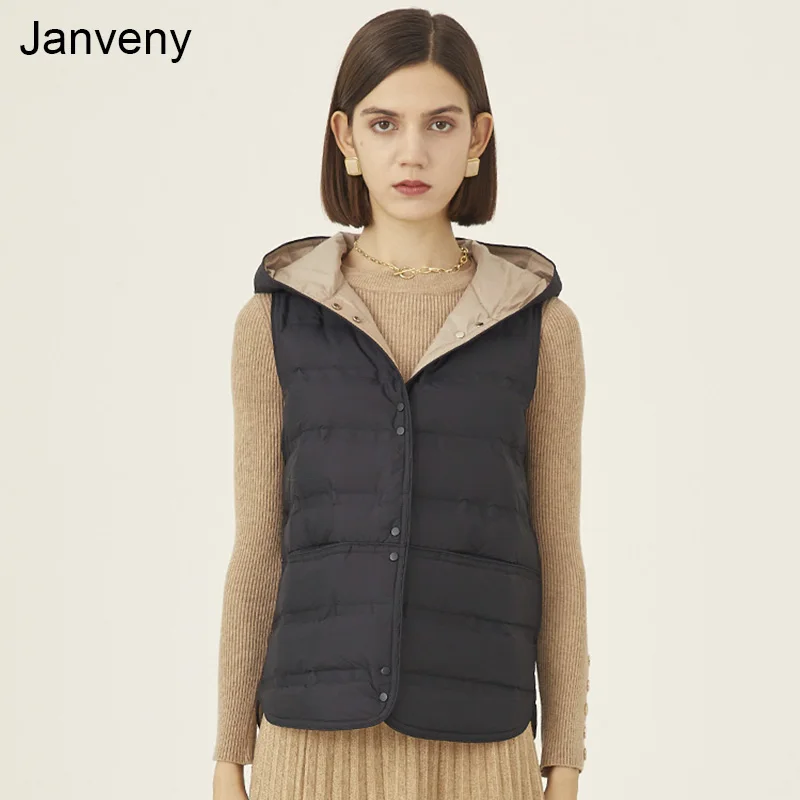 

Janveny Autumn Women Hooded Ultra Light Down Vest Female Loose Fit Casual Pocket Laminated Seamless Short Warm Puffer Waistcoat