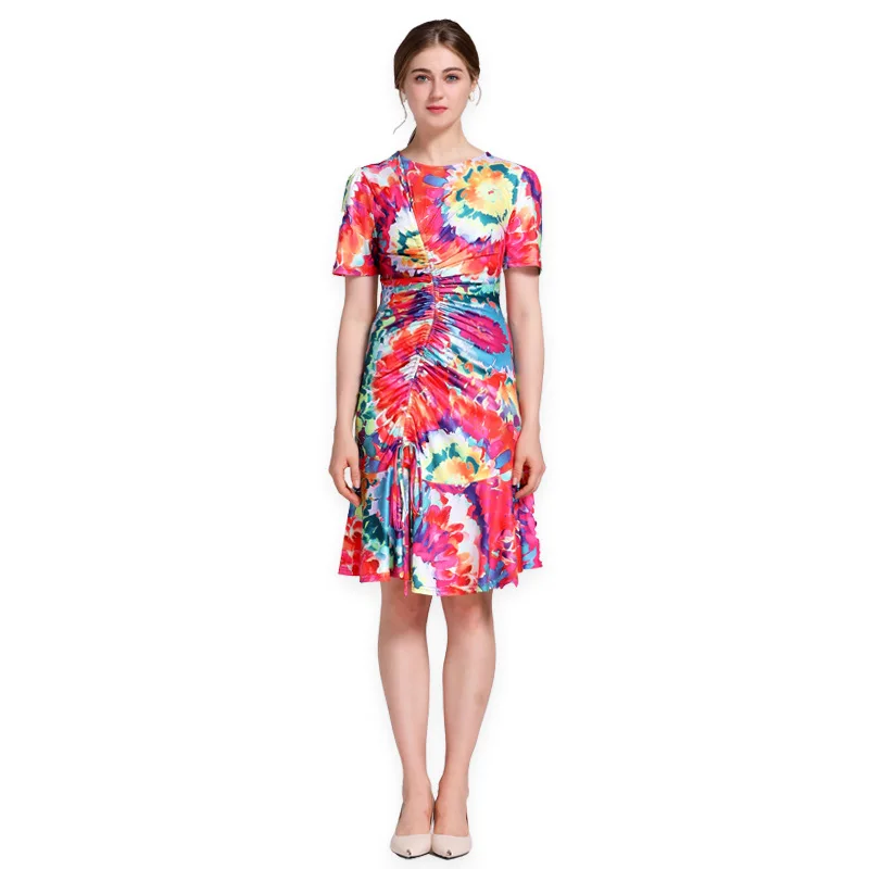 

Fashion Printed Dress Summer Autumn New Short Sleeve High Waist Slim Knee Dress Womens Clothing