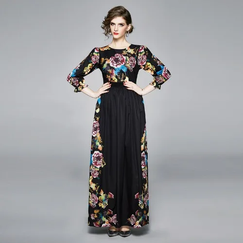 

European Style Vintage Print Flowers Runway Women Dress Fashion Three Quarter Sleeve Big Swing Long Maxi Beach Bohemian Dresses