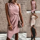 Женское однотонное офисное платье-рубашка, облегающее платье без бретелек, без рукавов, с открытыми плечами, асимметричное платье, лето 2021