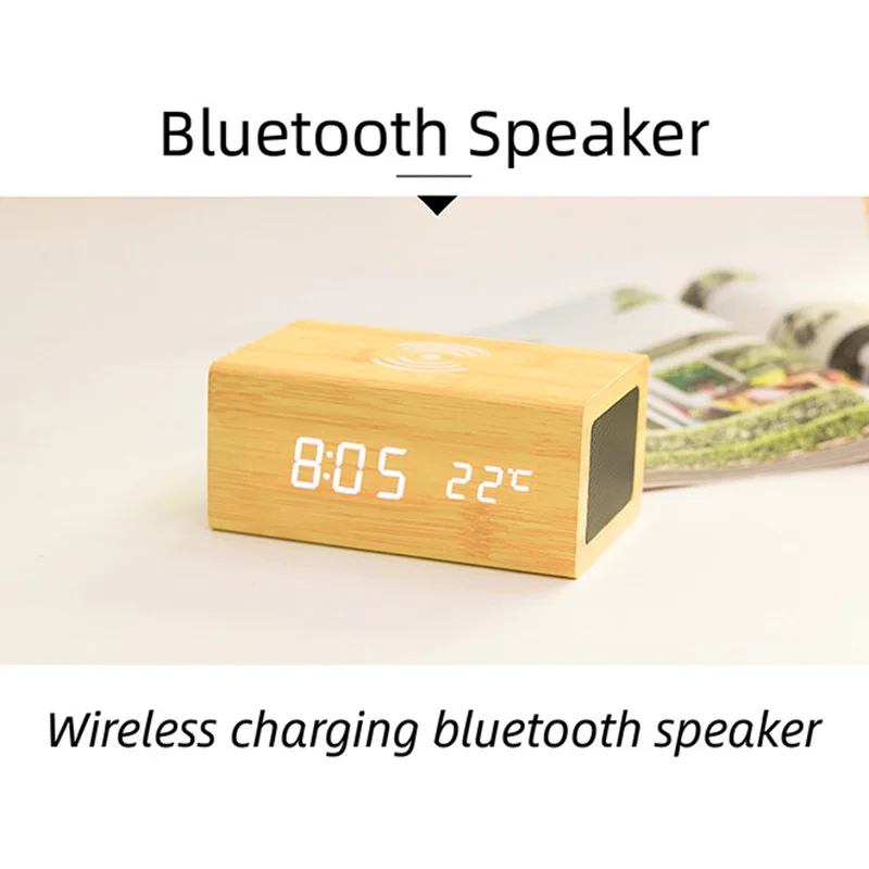 

Mobile Phone Wireless Charging Bluetooth Speaker Digital Alarm Sound Control Humidity Temperature Display