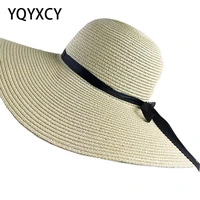 summer hats for women chapeau femme sun hat beach panama straw hat large wide brim black ribbon bow visor bone female cap