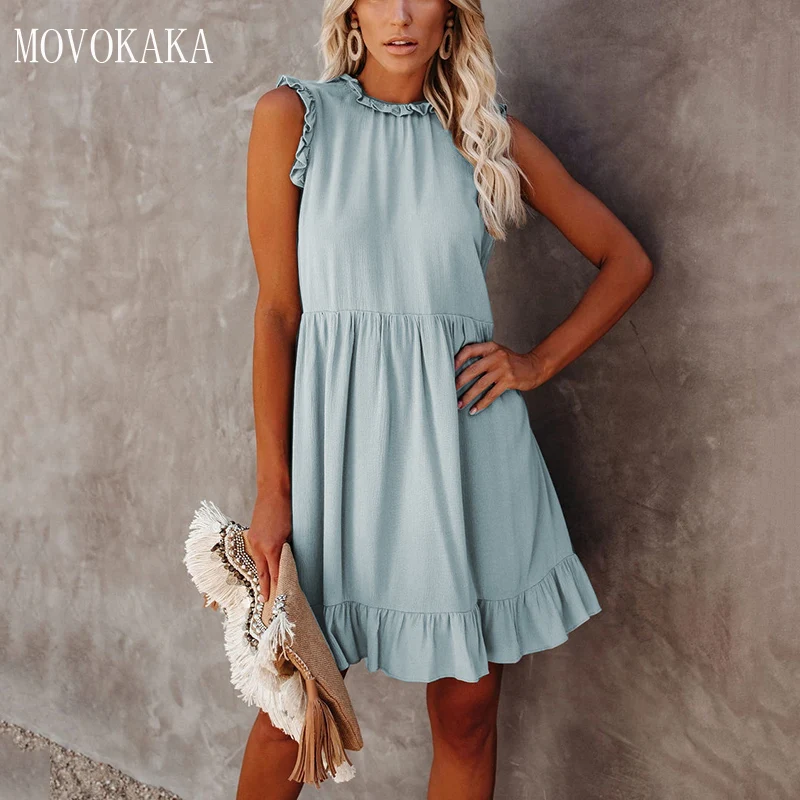 

MOVOKAKA Solid Color Summer Dress Sexy Elegant Vintage Ruffle Sleeveless Dresses Woman Party Vestidos Slim Princess Dress Women